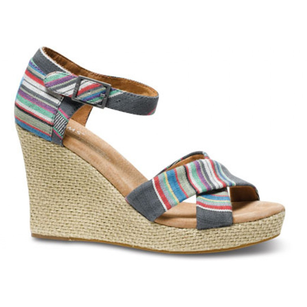 Toms Denim Stripe Women Strappy Wedges Outlet Coupons