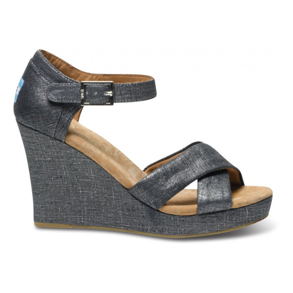 Toms Black Metallic Women Strappy Wedges Outlet Coupons